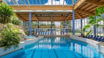 2 indoor pools, seasonal outdoor pool, pool loungers