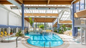 2 indoor pools, seasonal outdoor pool, pool loungers