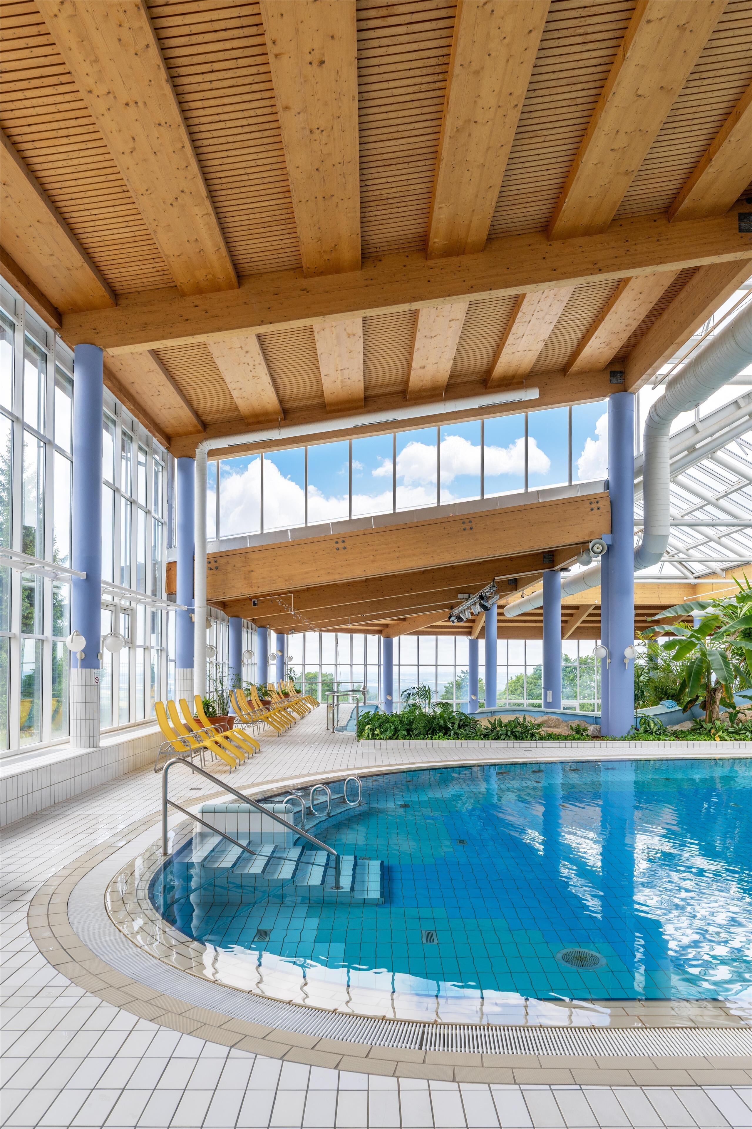 2 indoor pools, seasonal outdoor pool, pool loungers