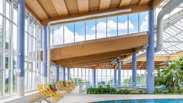 2 indoor pools, seasonal outdoor pool, pool loungers