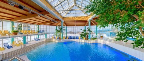 2 indoor pools, seasonal outdoor pool, pool loungers