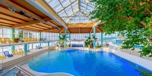 2 indoor pools, seasonal outdoor pool, pool loungers