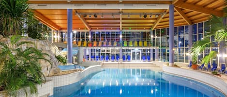 2 indoor pools, seasonal outdoor pool, pool loungers