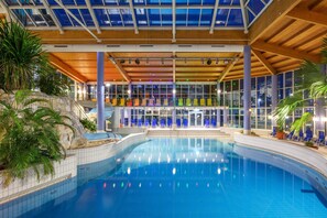 2 indoor pools, seasonal outdoor pool, pool loungers