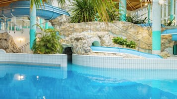 2 indoor pools, seasonal outdoor pool, pool loungers