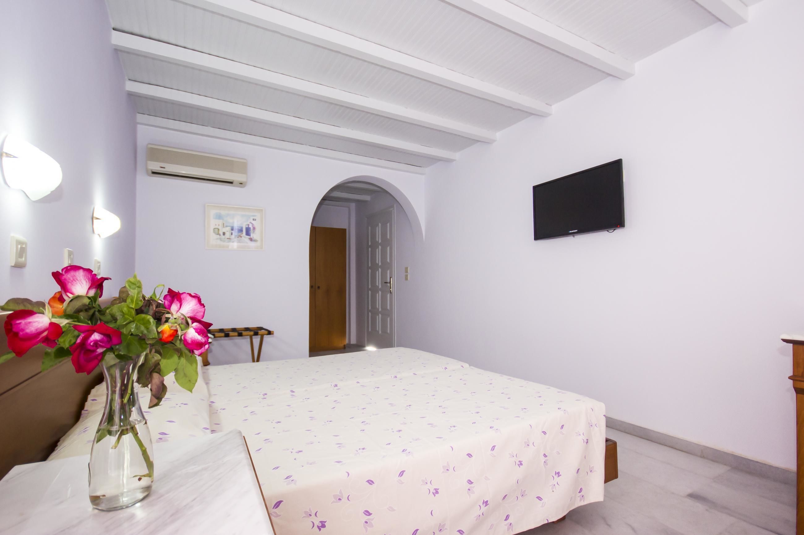 Un dormitorio con cama, una mesita de noche con un florero, un televisor de pantalla plana en la pared y un arco de entrada.