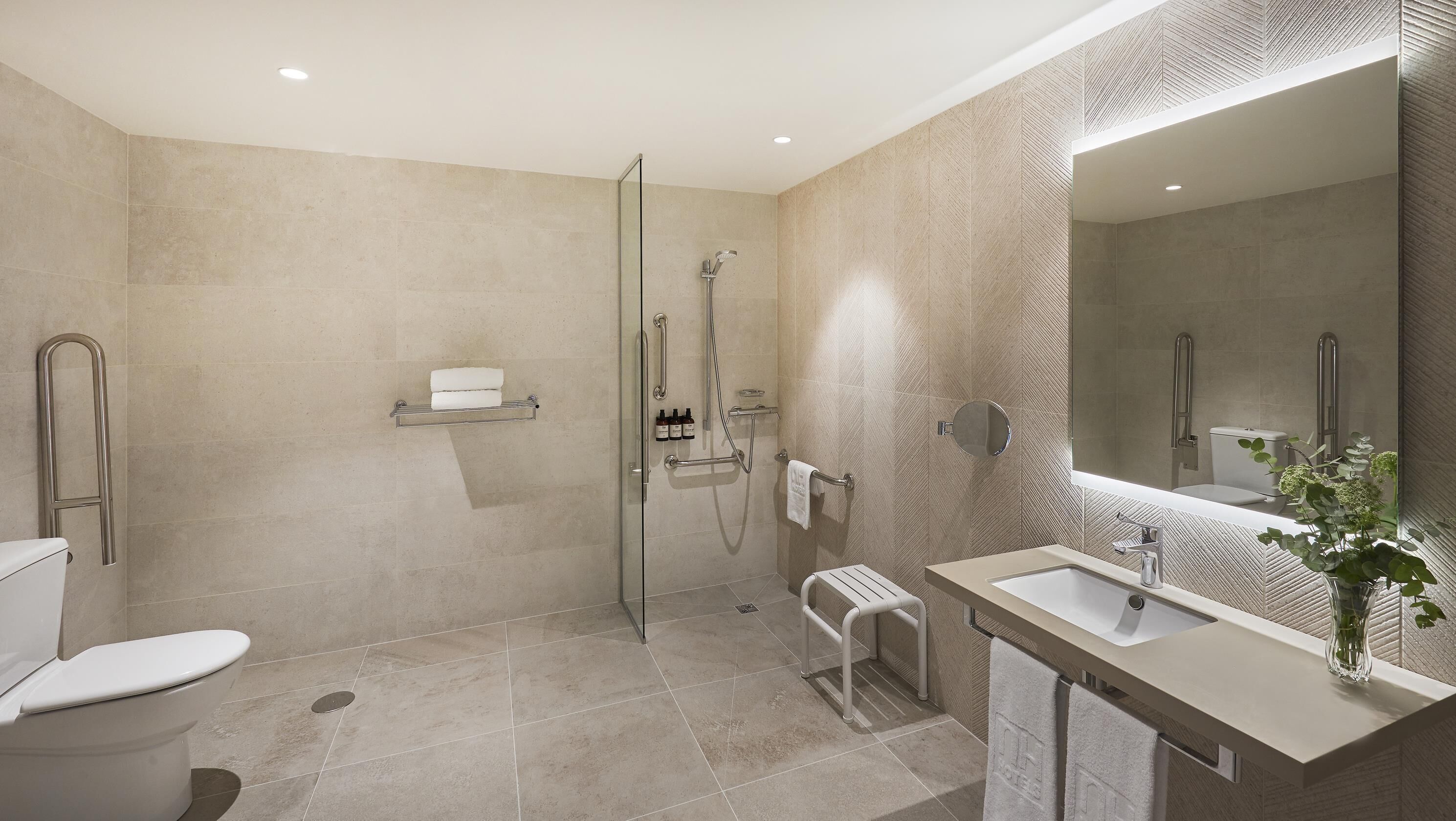 A modern bathroom with a walk-in shower, a toilet, a sink, and a large mirror.