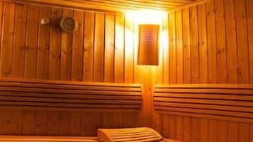 A wooden sauna with benches and a bench on the right.