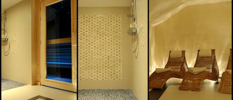 A spa room with a shower, a massage chair, and a patterned floor.