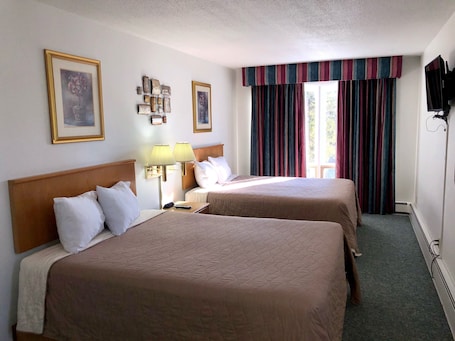 A hotel room with two beds, a nightstand, lamps, a TV, and a window with curtains.