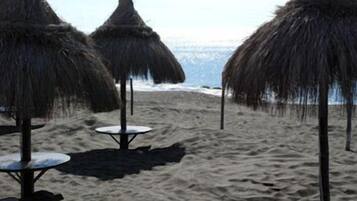Private beach, sun loungers, beach umbrellas