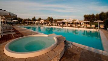 Outdoor pool, pool umbrellas, sun loungers