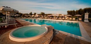 Outdoor pool, pool umbrellas, pool loungers