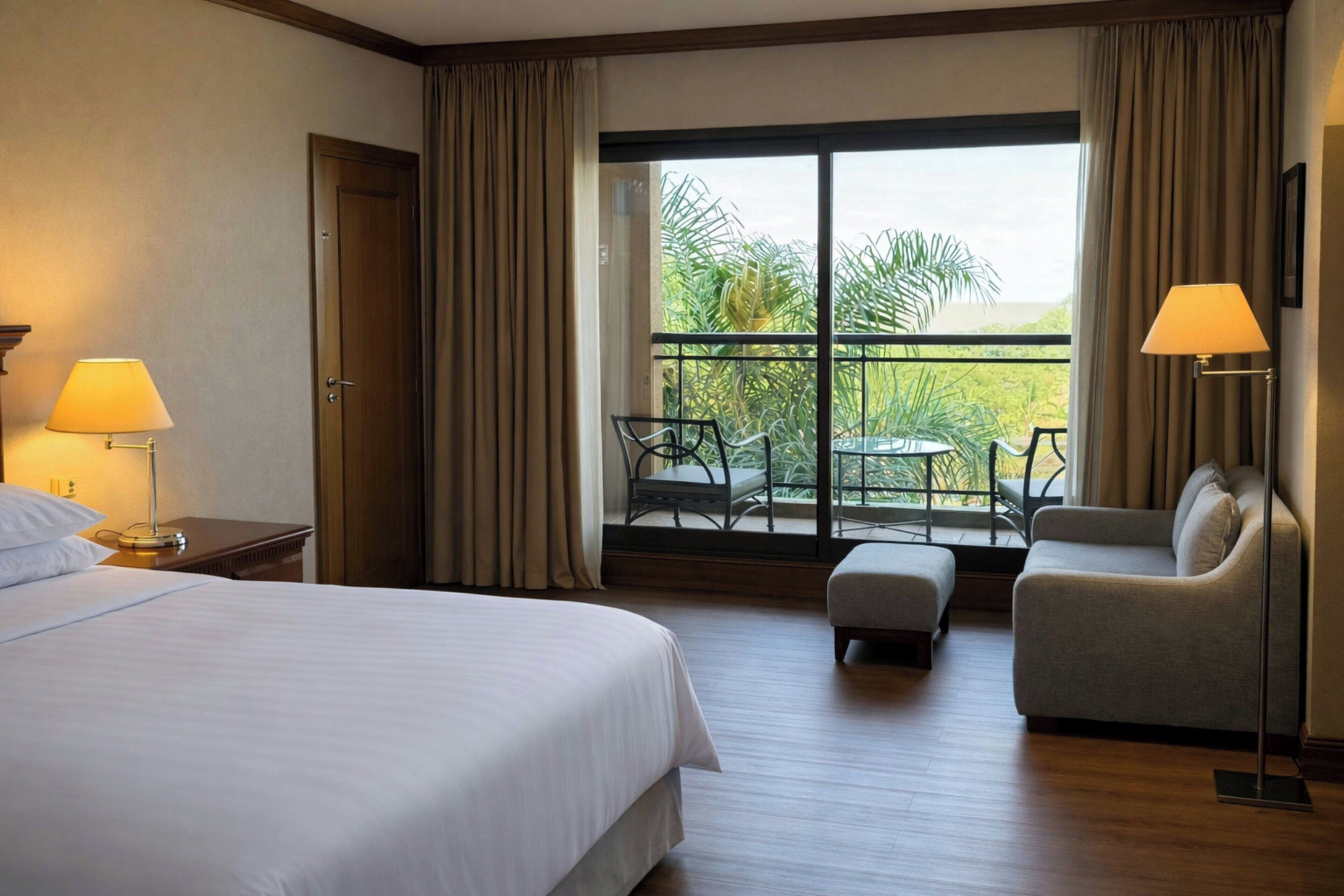 A hotel room with a bed, a sofa, a table with chairs, a balcony with a view of greenery, and a door.