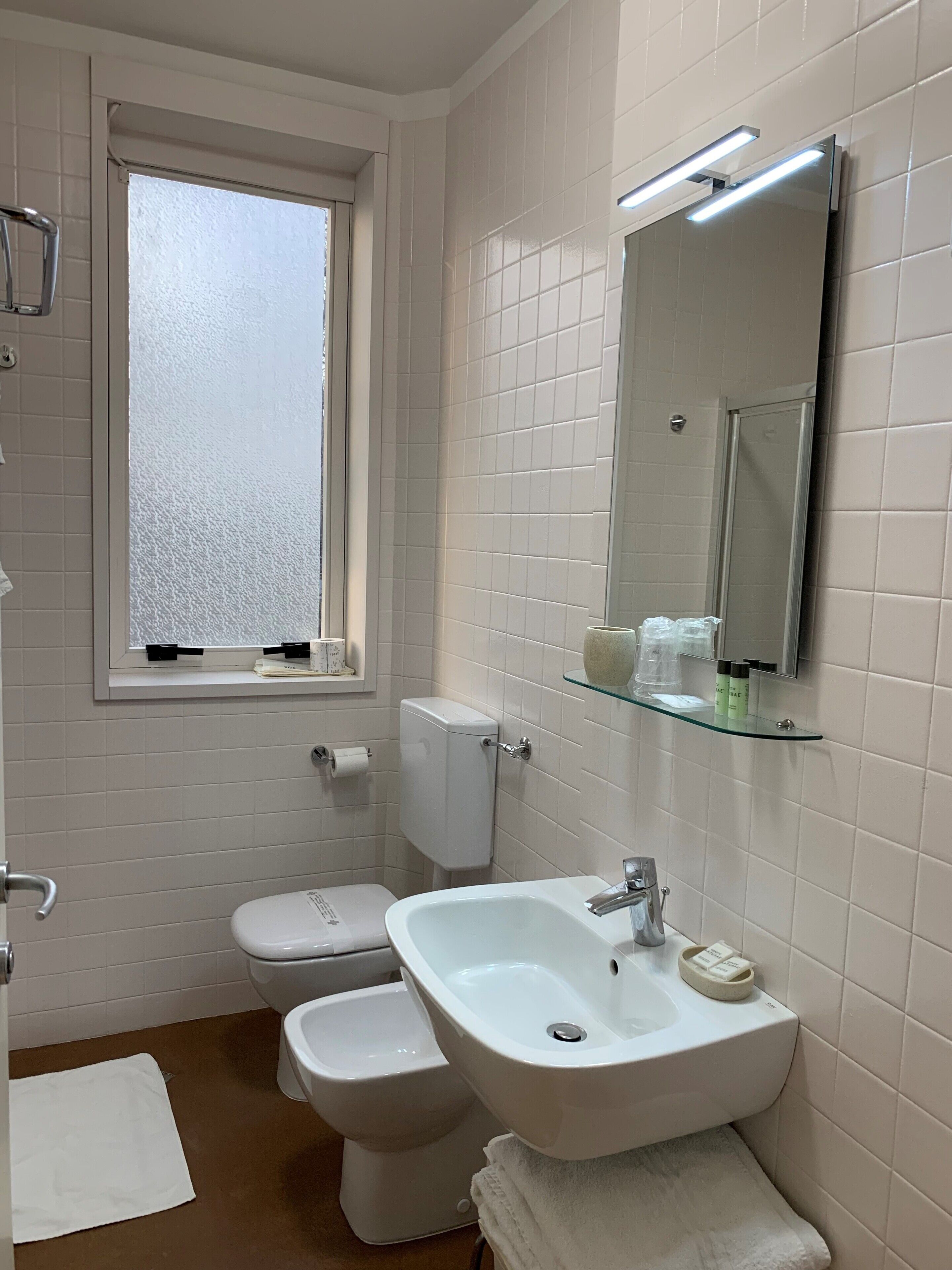 shower, hair dryer, bidet, towels