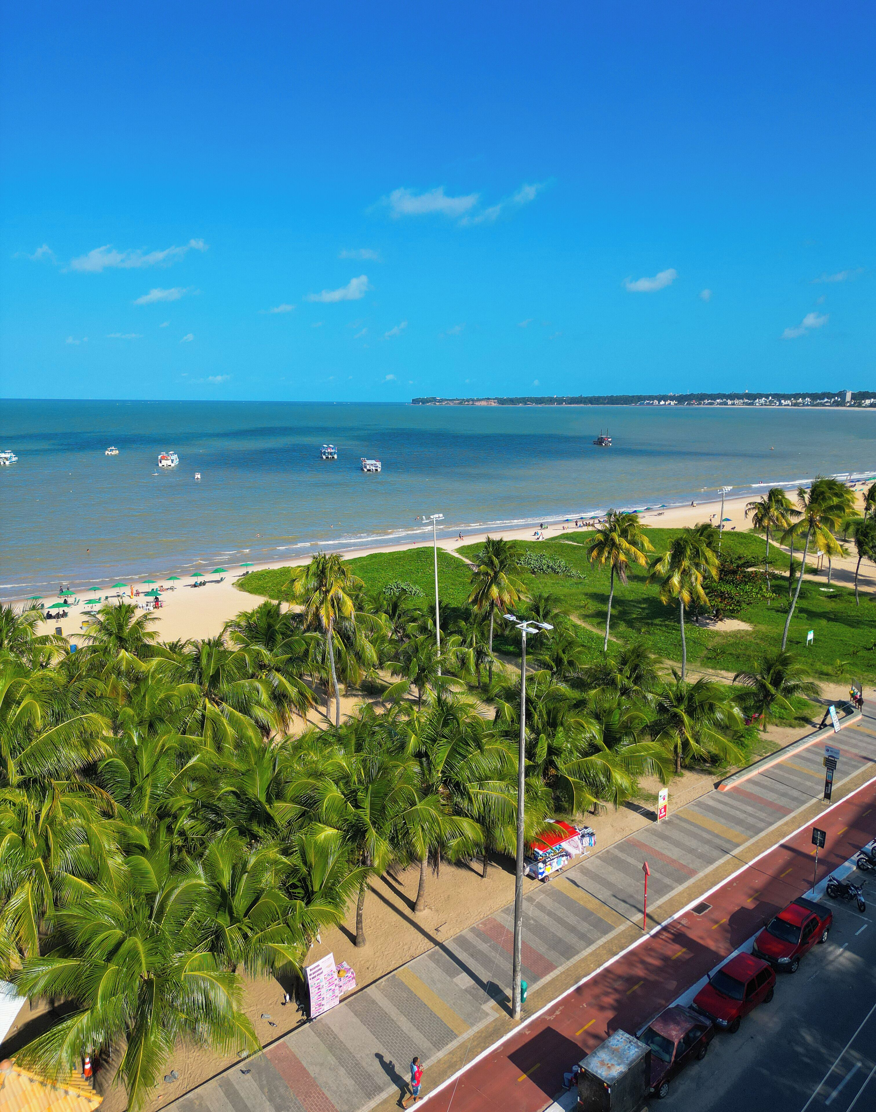 A beachside view with a road, parked cars, and a clear sky.