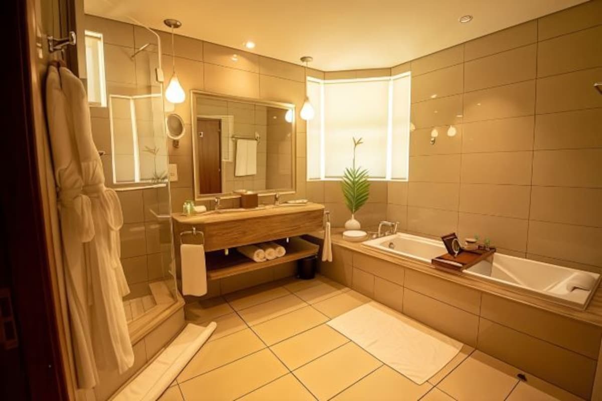 A modern bathroom with a bathtub, a shower, and a vanity with a mirror.