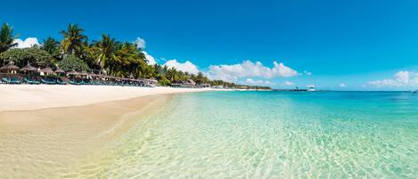 Ein Strand mit klarem türkisblauem Wasser, weißem Sand und Palmen. Entlang des Ufers befinden sich Liegestühle und Sonnenschirme.