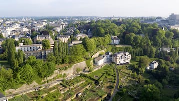An aerial view of a historic town with a mix of residential and commercial buildings, surrounded by lush greenery and well-maintained gardens.