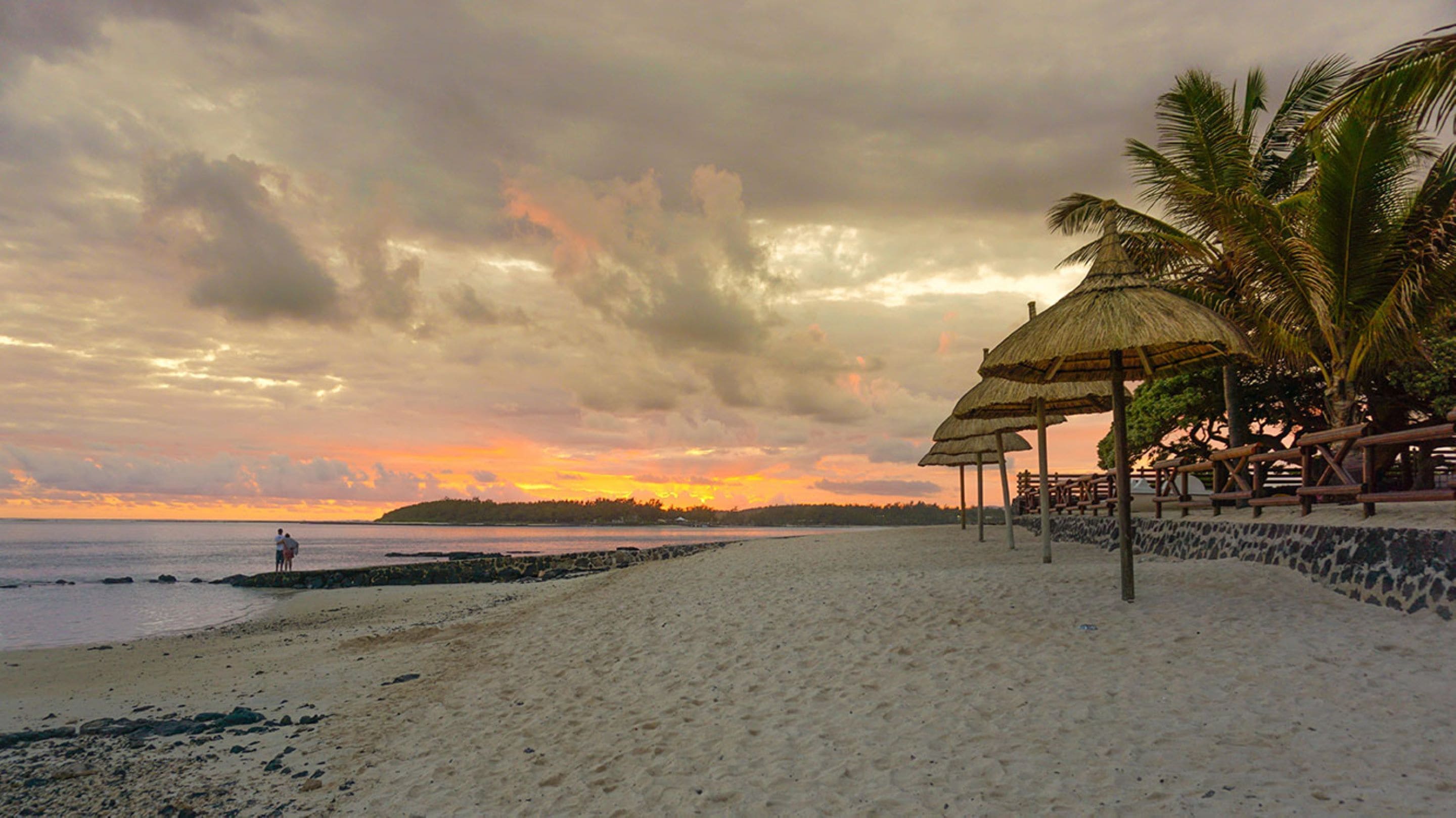 A beach with a thatched-roof structure and palm trees.