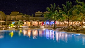 Outdoor pool, pool umbrellas, pool loungers