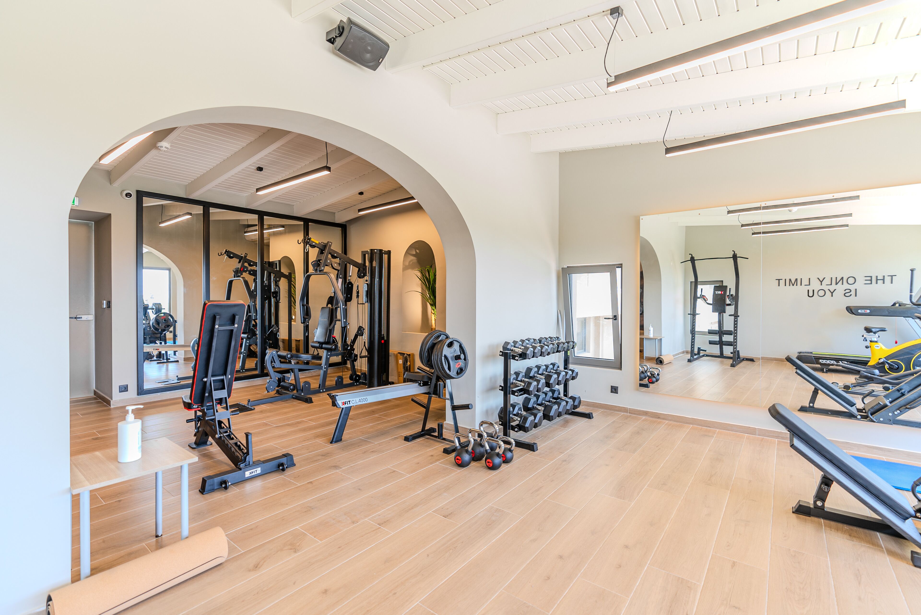 Ein modernes Fitnessstudio mit unterschiedlichen Trainingsgeräten, einer Spiegelwand und einem Holzboden.
