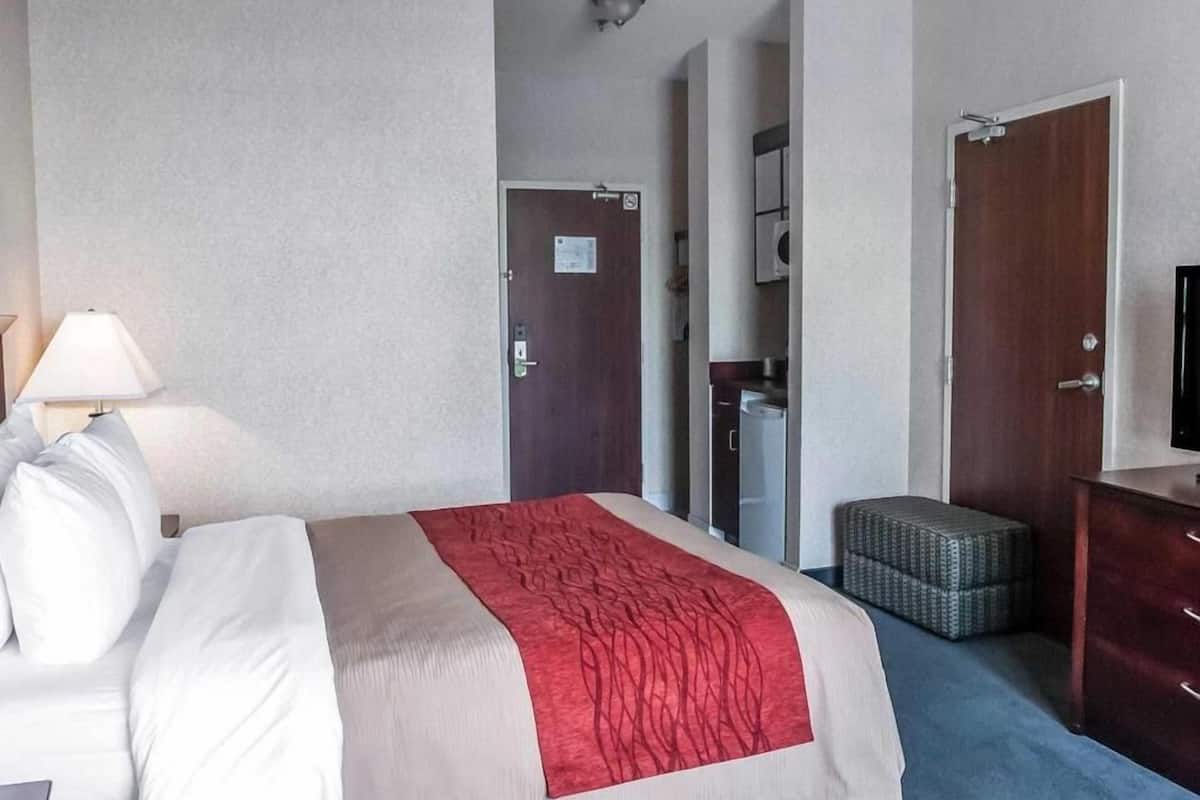Habitación de hotel con cama, escritorio, silla, lámpara y puerta que da a un baño.