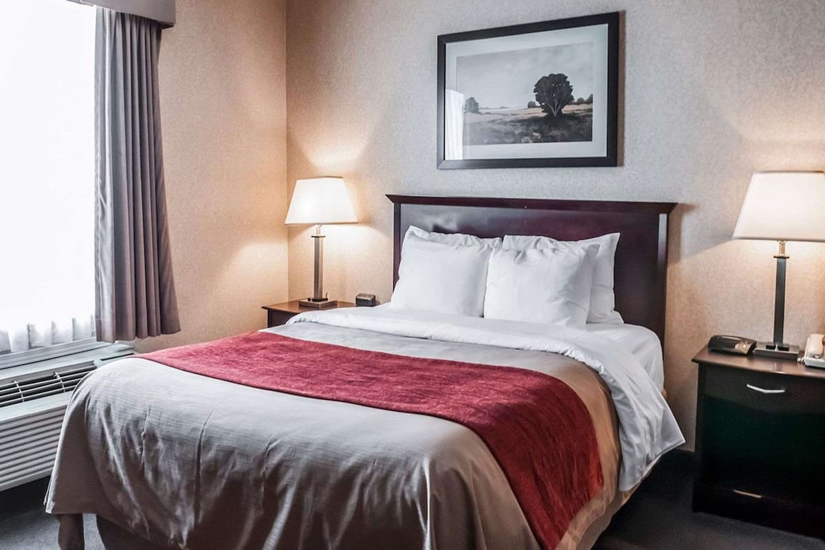 Una habitación de hotel con una cama, dos mesitas de noche, un radiador y una ventana con cortinas, además de un cuadro colgado en la pared.