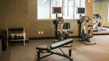 A gym with a bench press, dumbbells, and cardio machines.