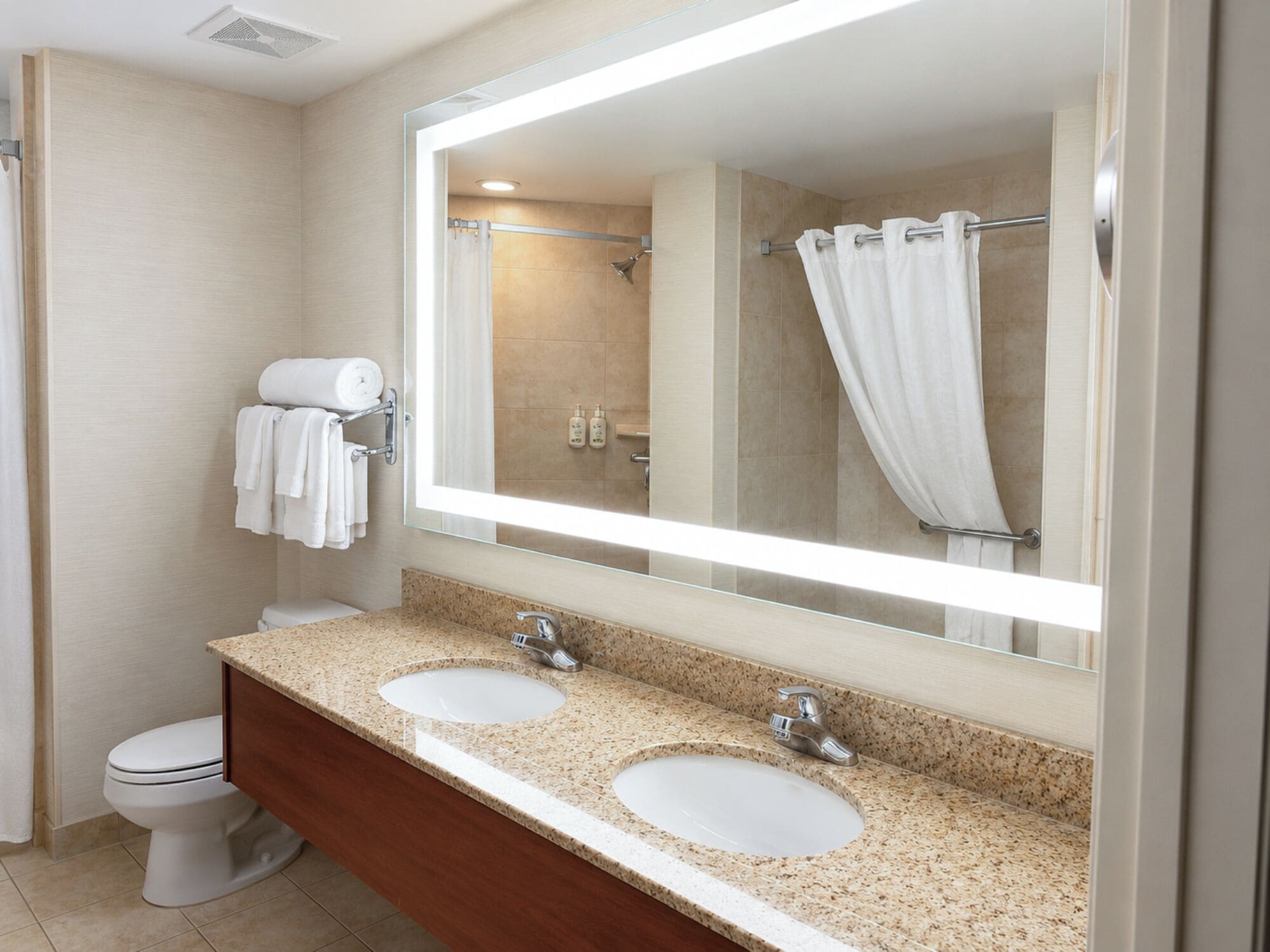 A modern bathroom with a double sink vanity, a toilet, and a shower area.