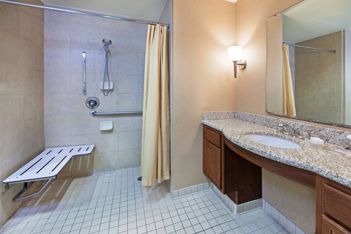 combined shower/bathtub, free toiletries, hair dryer, towels
