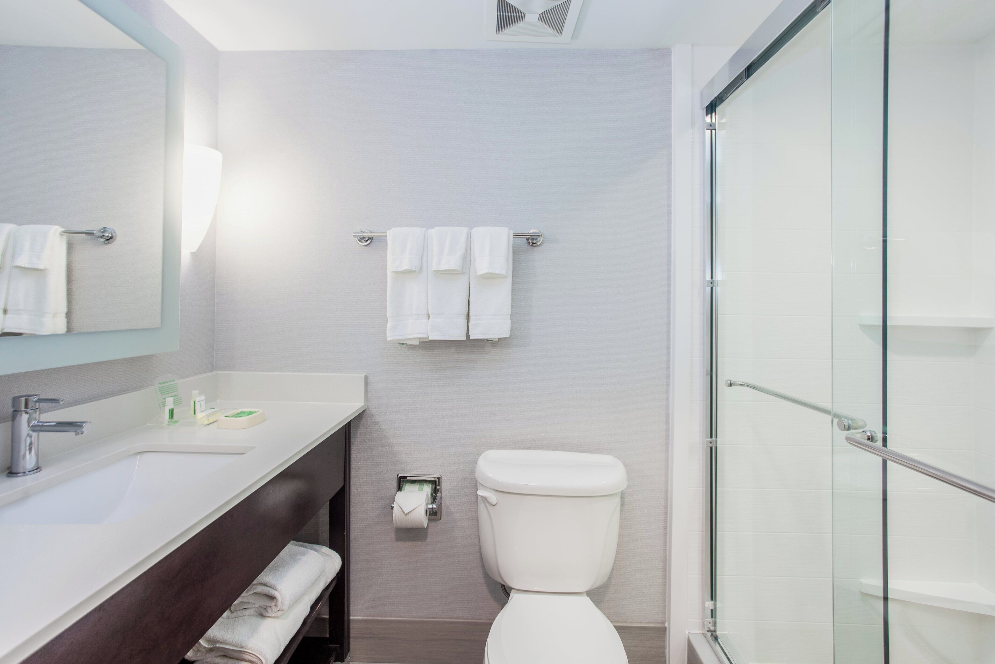 A modern bathroom with a glass shower enclosure, a white toilet, and a vanity with a mirror and sink.