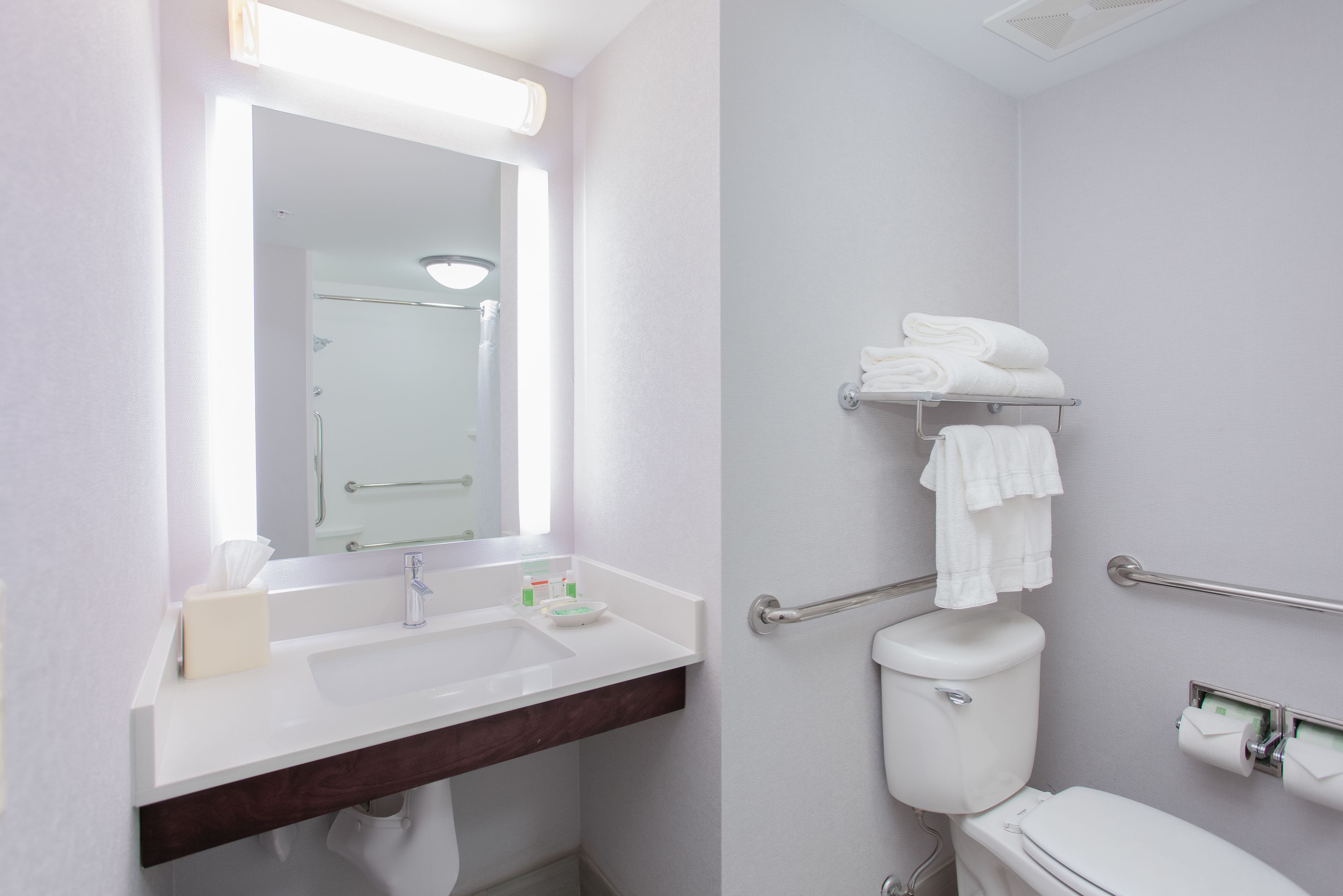 Un baño moderno con un lavamanos blanco, espejo y váter. Hay toallas en un perchero y un pasamanos para facilitar el acceso.