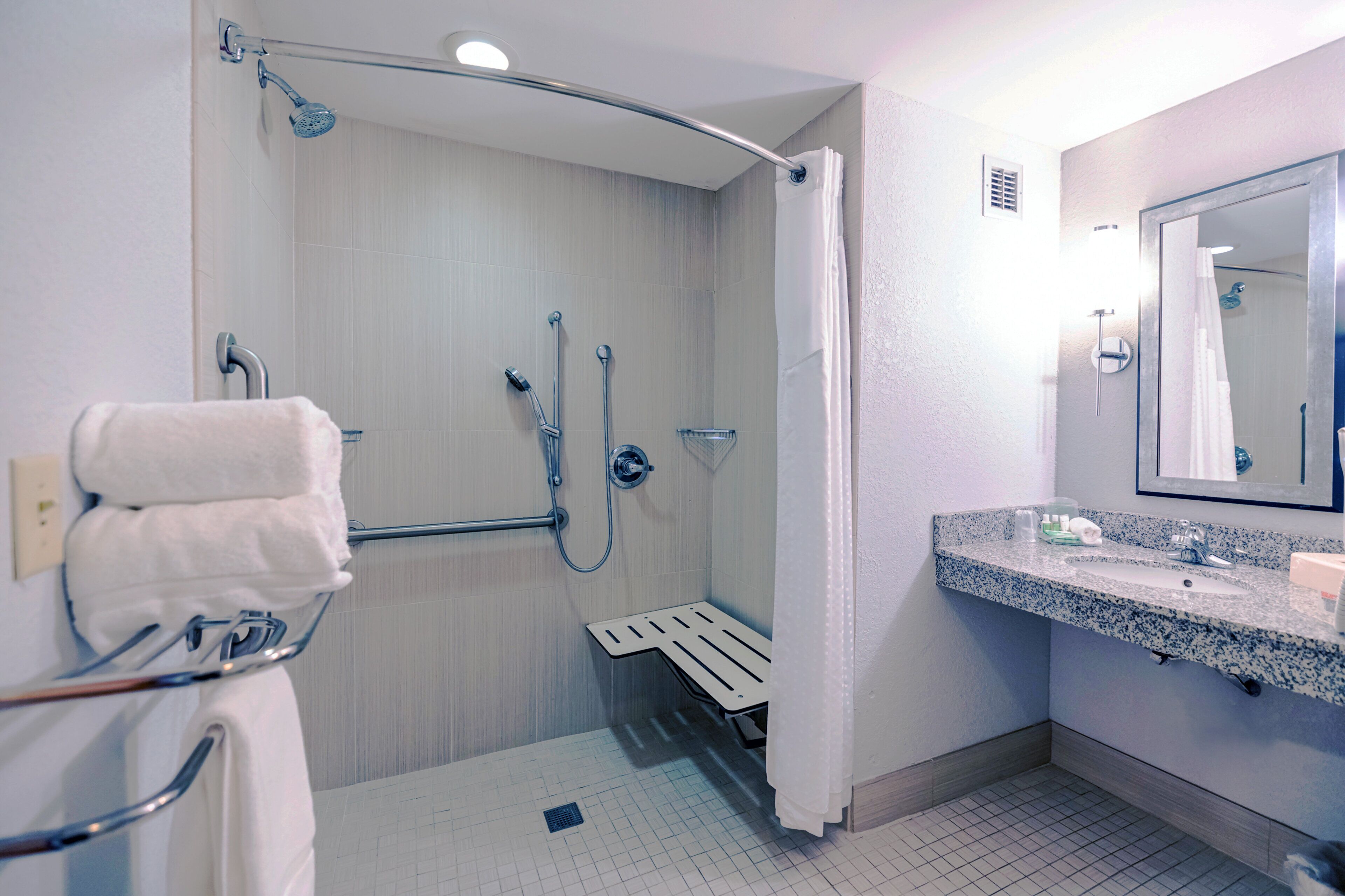 Baño con ducha, barras de apoyo, lavabo y espejo.