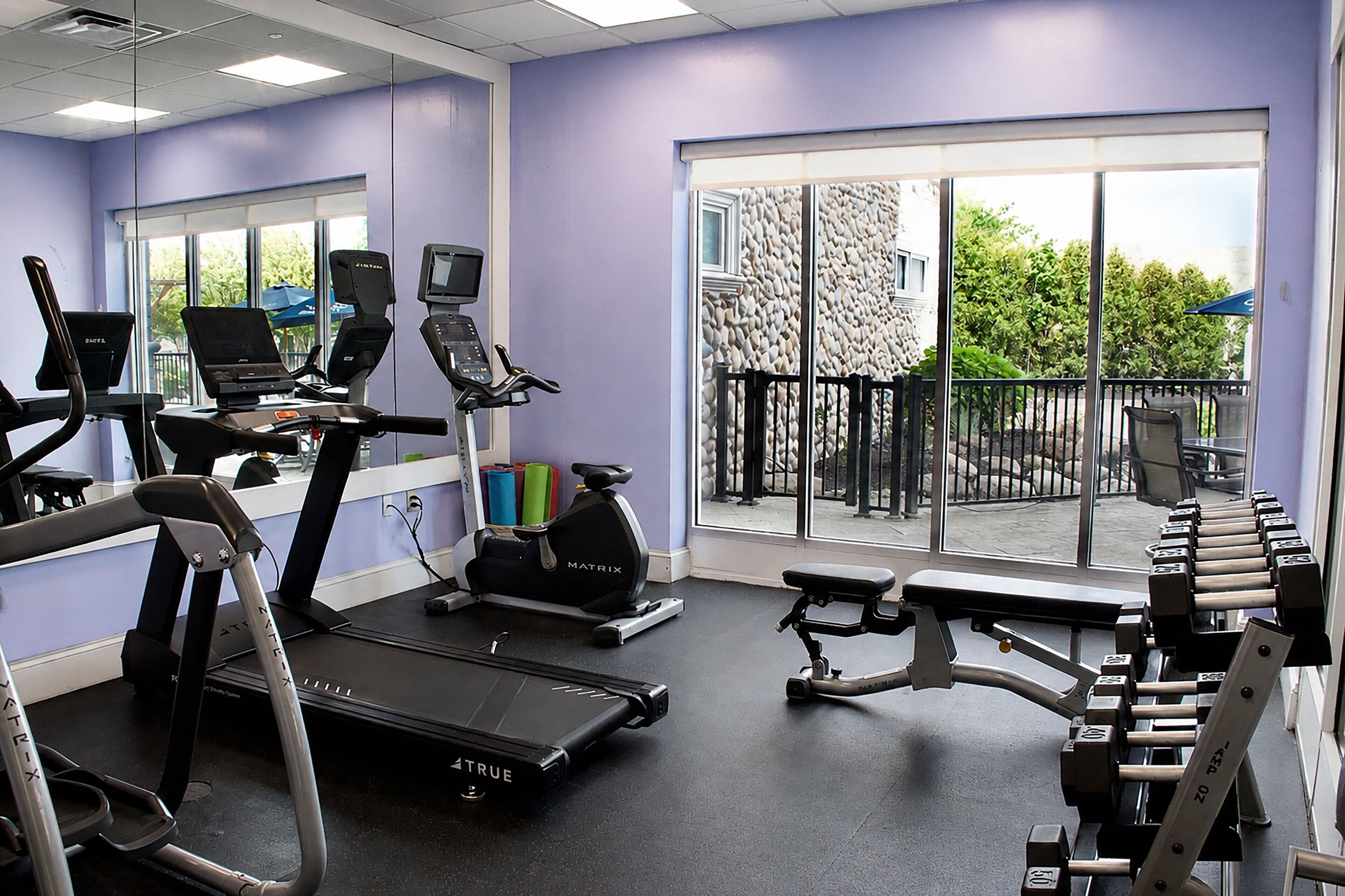 Une salle de sport équipée de tapis de course, d’un appareil elliptique et d’une zone dédiée aux exercices de développé couché.