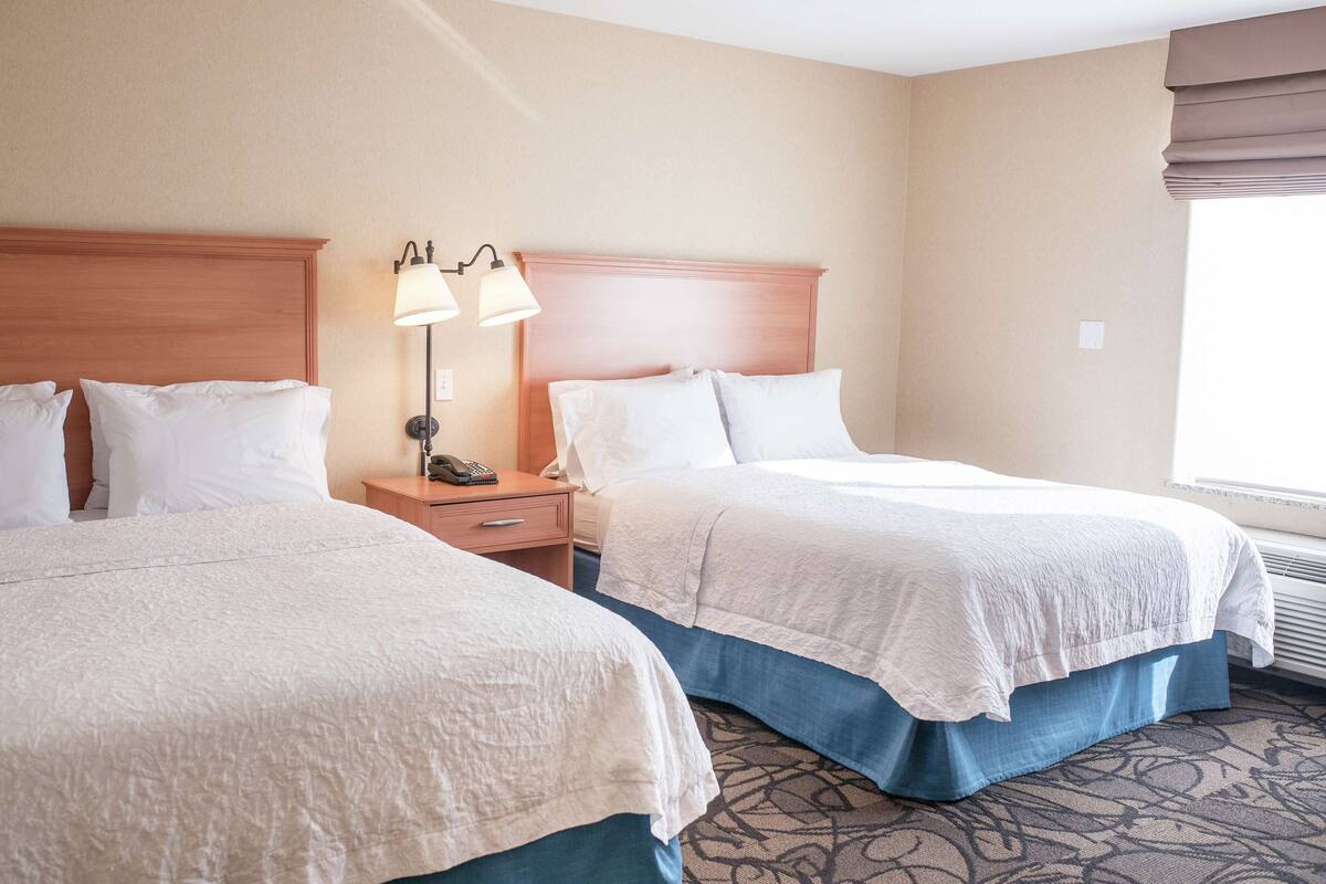 Two beds with headboards, a nightstand with a lamp, and a window with a view.