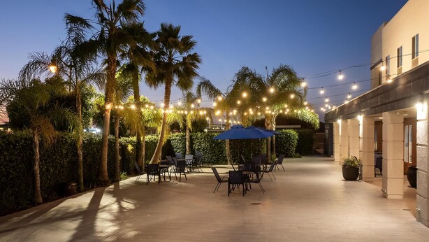 An outdoor patio area with tables and chairs, palm trees, and string lights. - Hampton Inn & Suites Lathrop (Lathrop)