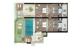 A floor plan of a house with a private pool, sun terrace, sun garden, and a Thai sala.