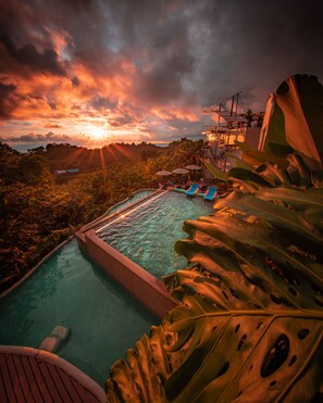 En pool med udsigt til solnedgang, omgivet af tropisk vegetation.