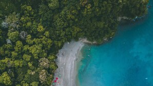 An aerial view of a beach with dense forest on one side and a clear turquoise sea on the other. There are several beach umbrellas and sun loungers visible. - Gaia Hotel And Reserve - Adults Only (Quepos)