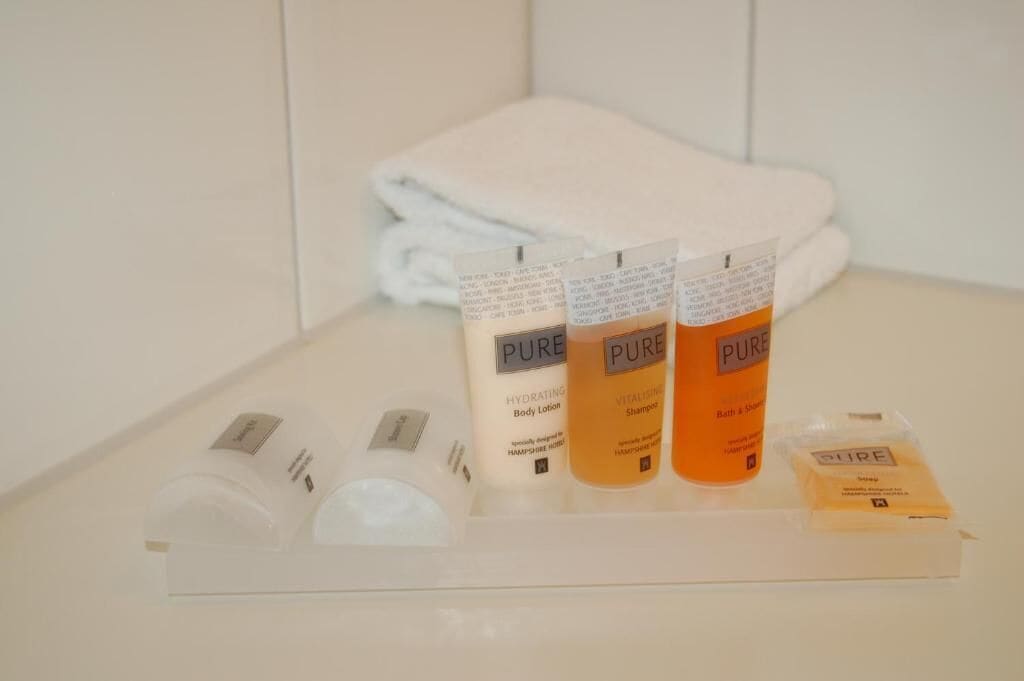 free toiletries, hair dryer, towels