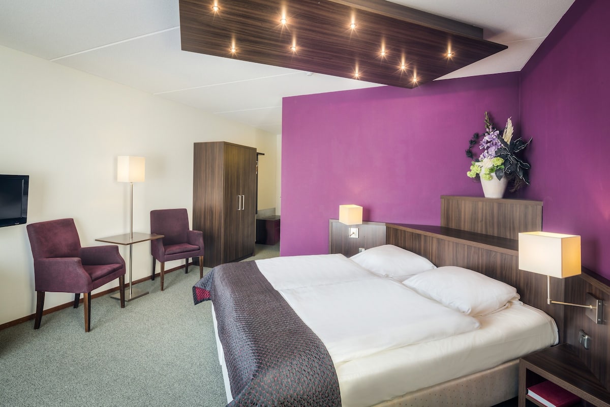 A hotel room with a large bed, two chairs, a desk, a wardrobe, and a TV.