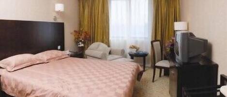 A hotel room with a bed, a chair, a desk with a television, and a window with curtains.