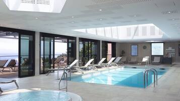 Indoor pool, open 7:30 AM to 8:30 PM, sun loungers