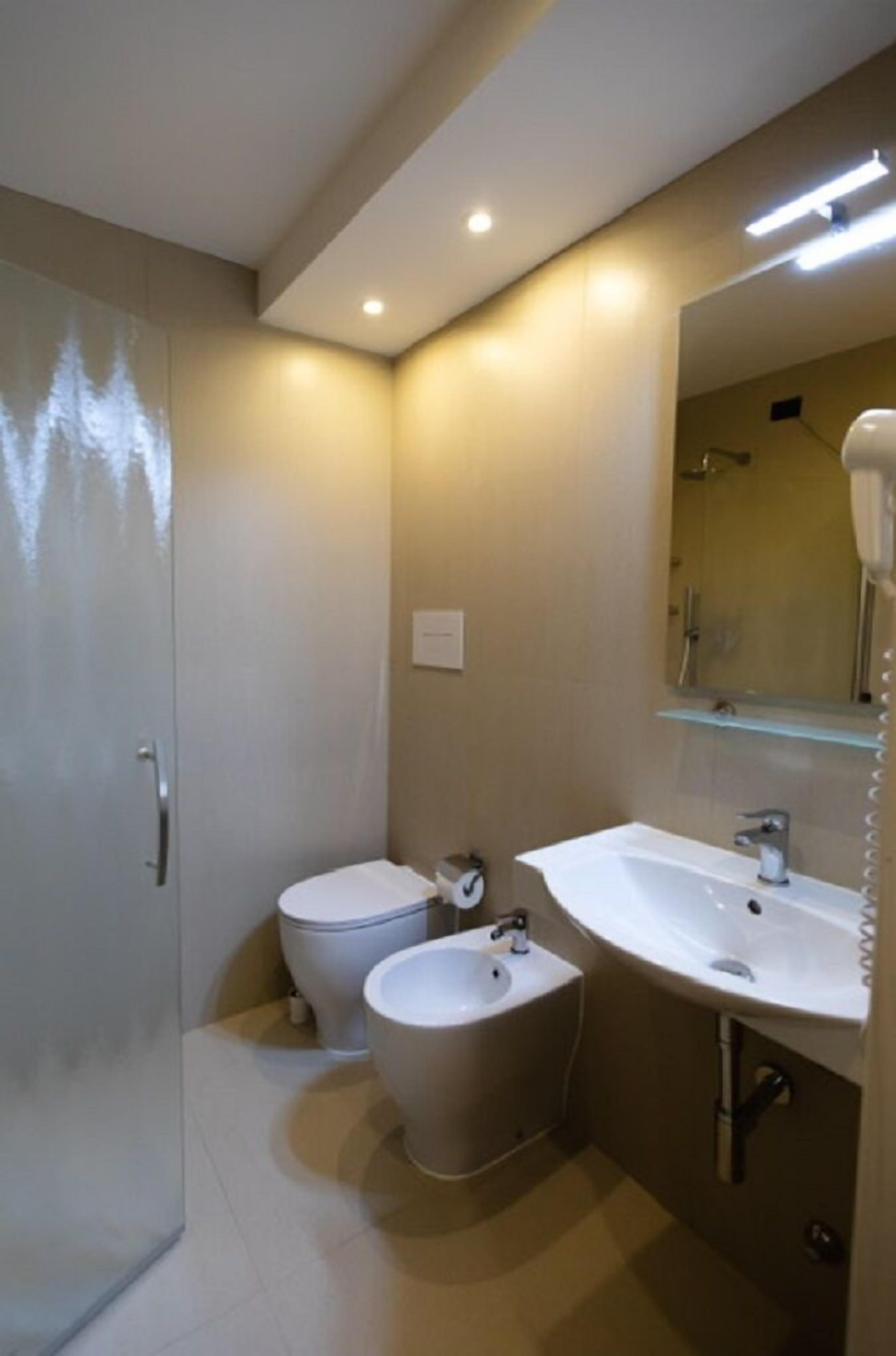 shower, hair dryer, bidet, towels