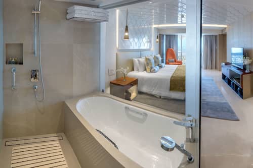 Suite, 1 King Bed, Sea View | Bathroom | Shower, designer toiletries, hair dryer, bathrobes
