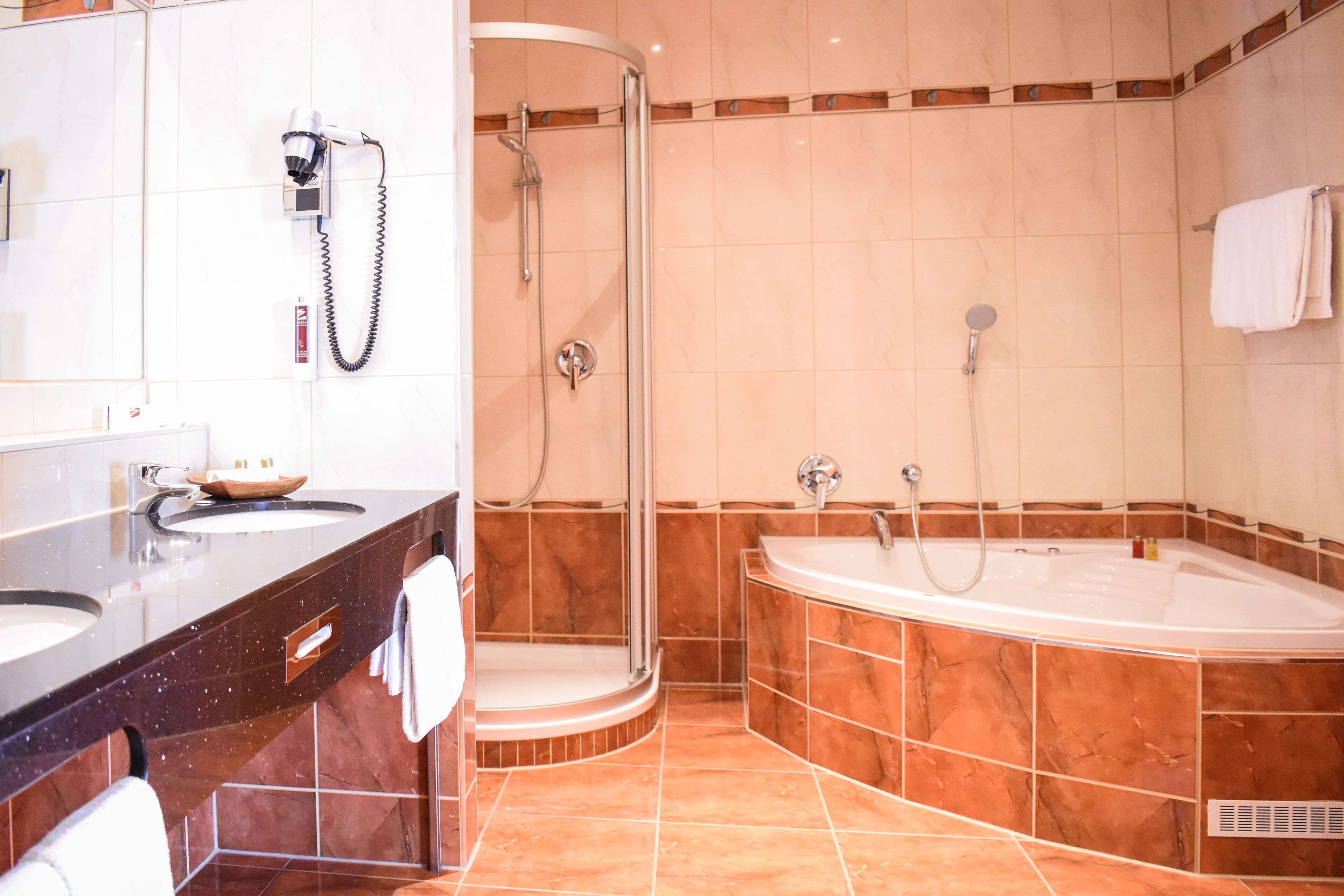 Bathroom | Hair dryer, bathrobes, slippers, towels