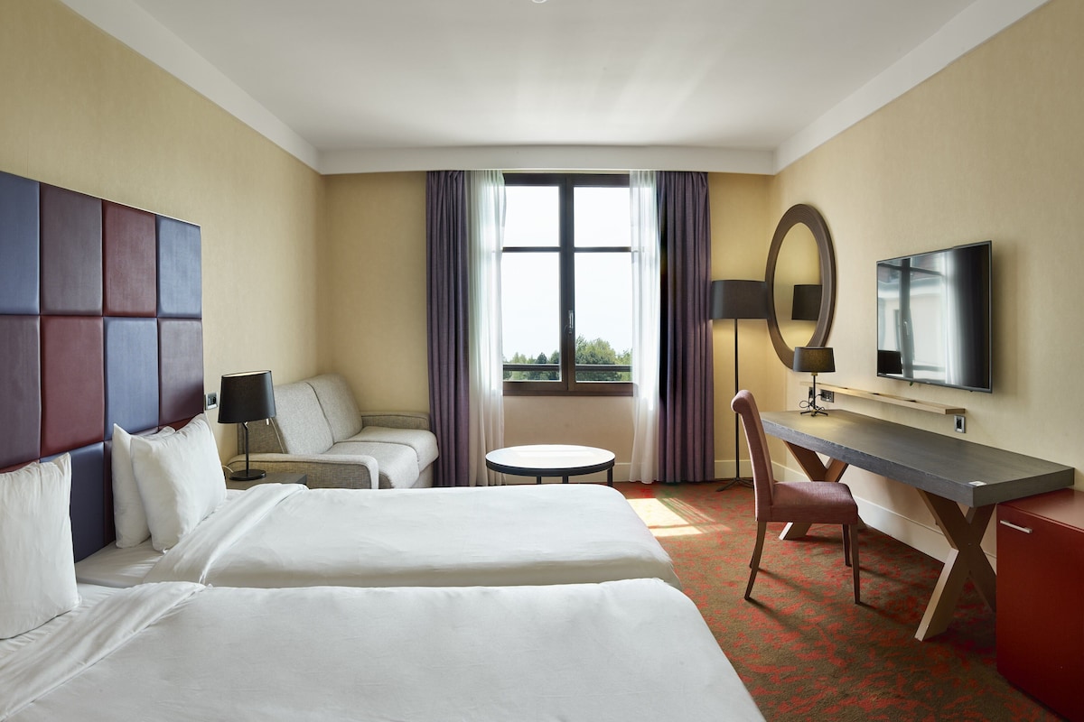 Une chambre d’hôtel avec deux lits, un bureau, une chaise, une télévision et une fenêtre avec des rideaux.