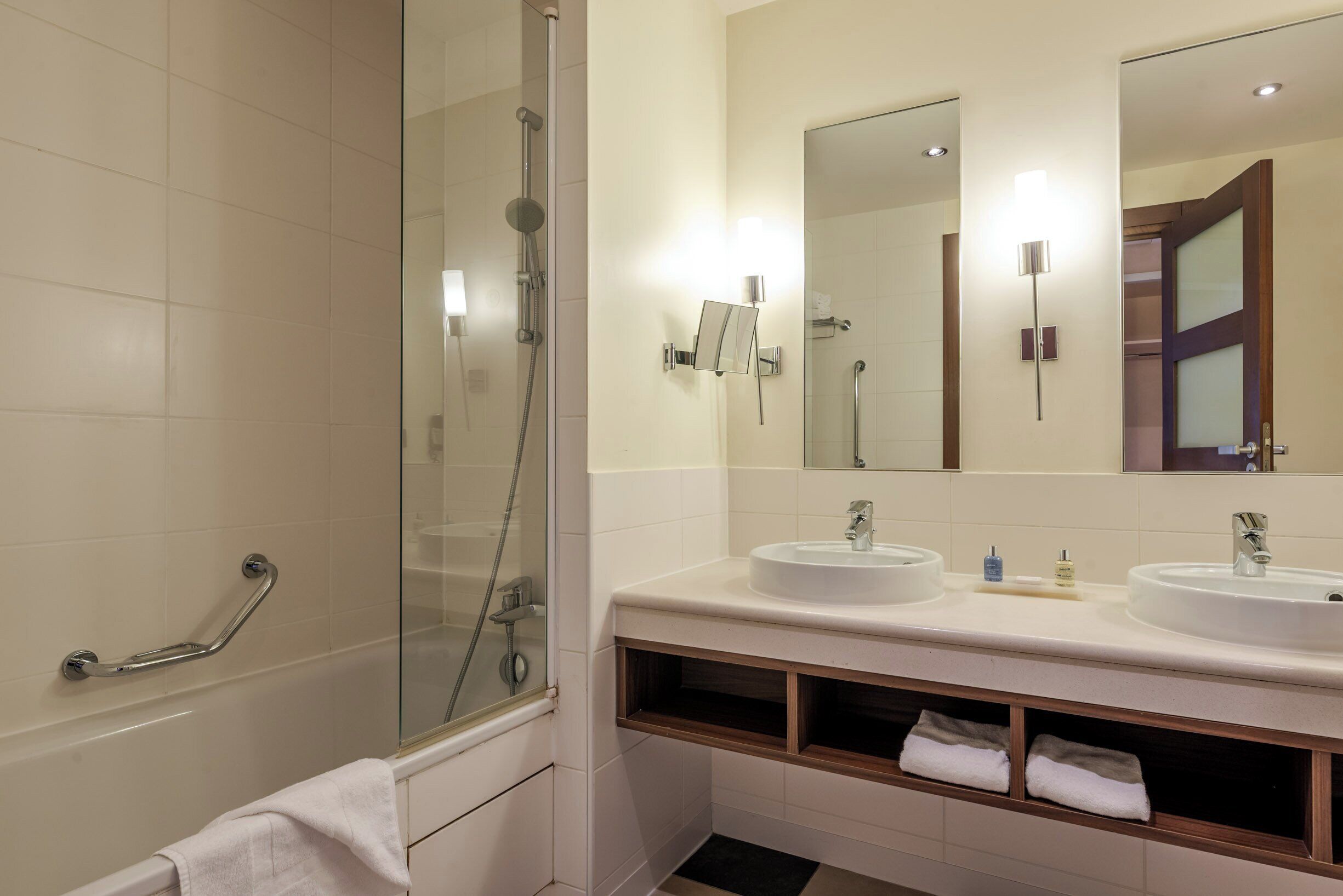 Designer toiletries, hair dryer, towels, soap