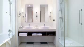 Designer toiletries, hair dryer, towels, soap